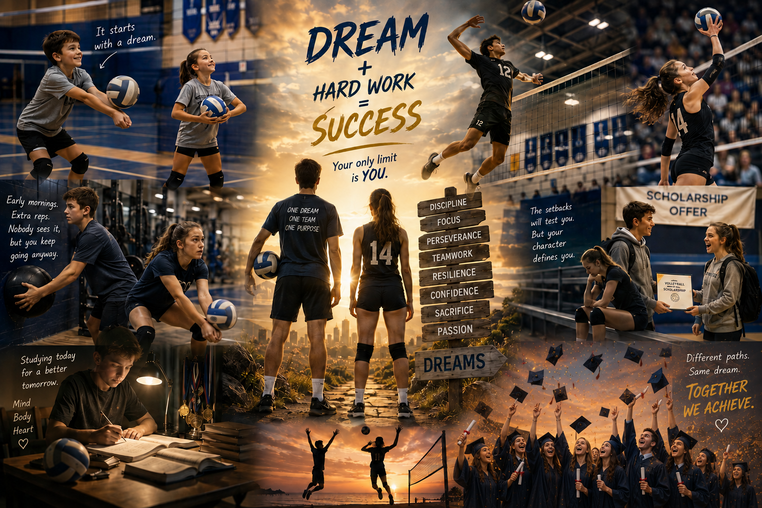 Motivational collage of volleyball athletes' journey from childhood training to college graduation, with signpost values discipline, focus, perseverance and dreams