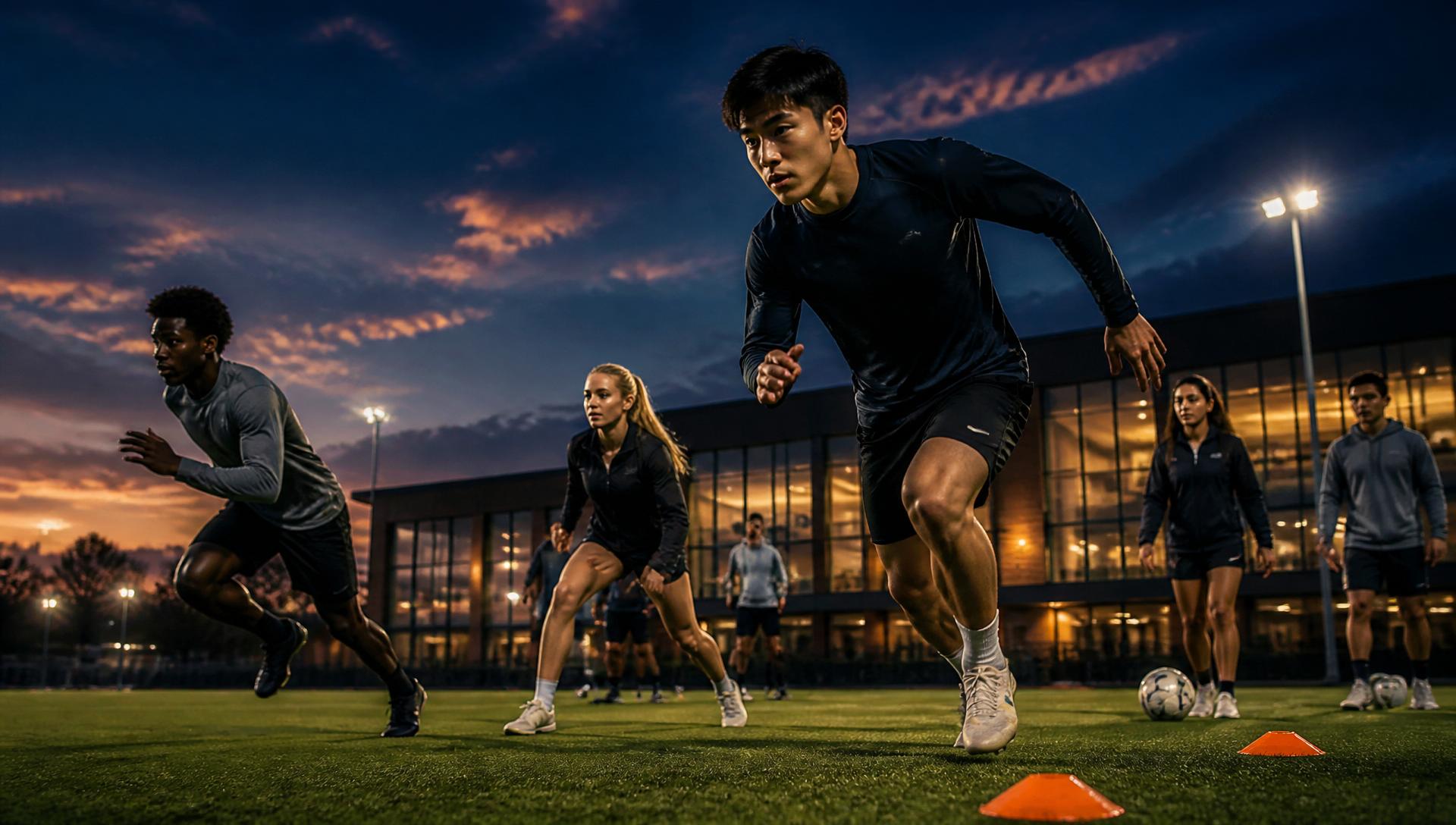 International student athletes training together on a college sports field at dusk